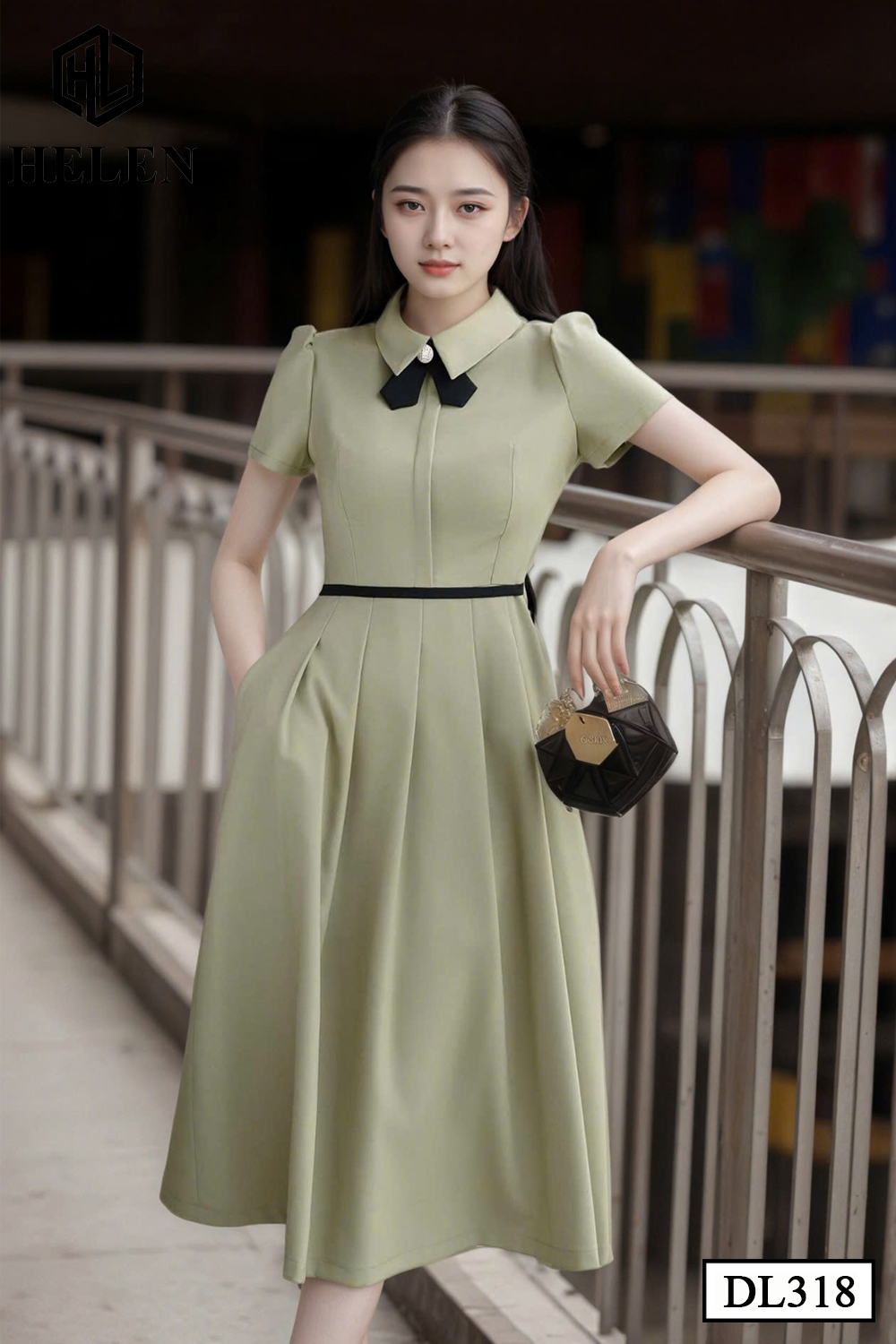 Đầm xòe xanh oliu phối nơ đen DL318_thumbnail_2