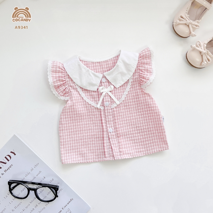 Áo cộc caro HỒNG tay cánh tiên cổ nẹp tròn_thumbnail_2