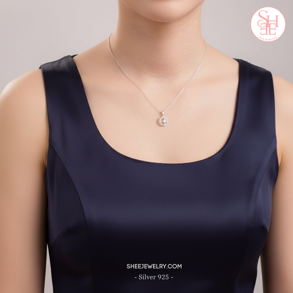 Vòng cổ bạc nữ Shee Silver chính hãng 925 kiểu mặt trăng đính đá lấp lánh – phụ kiện sang trọng_thumbnail_3