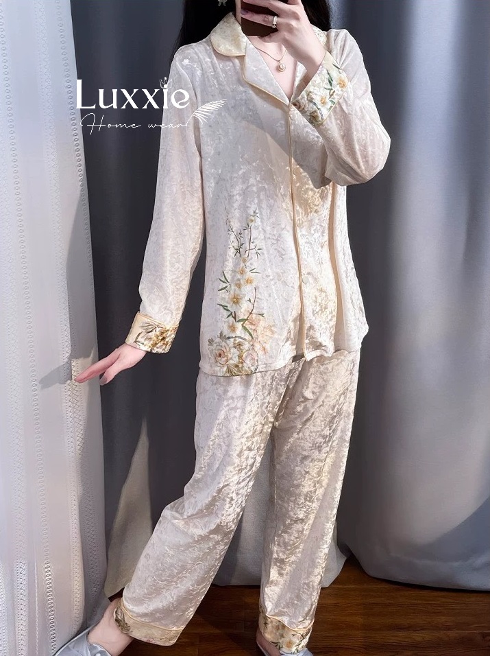 NHUNG19 Pijama vải nhung vàng họa tiết hoa mai trắng_thumbnail_5