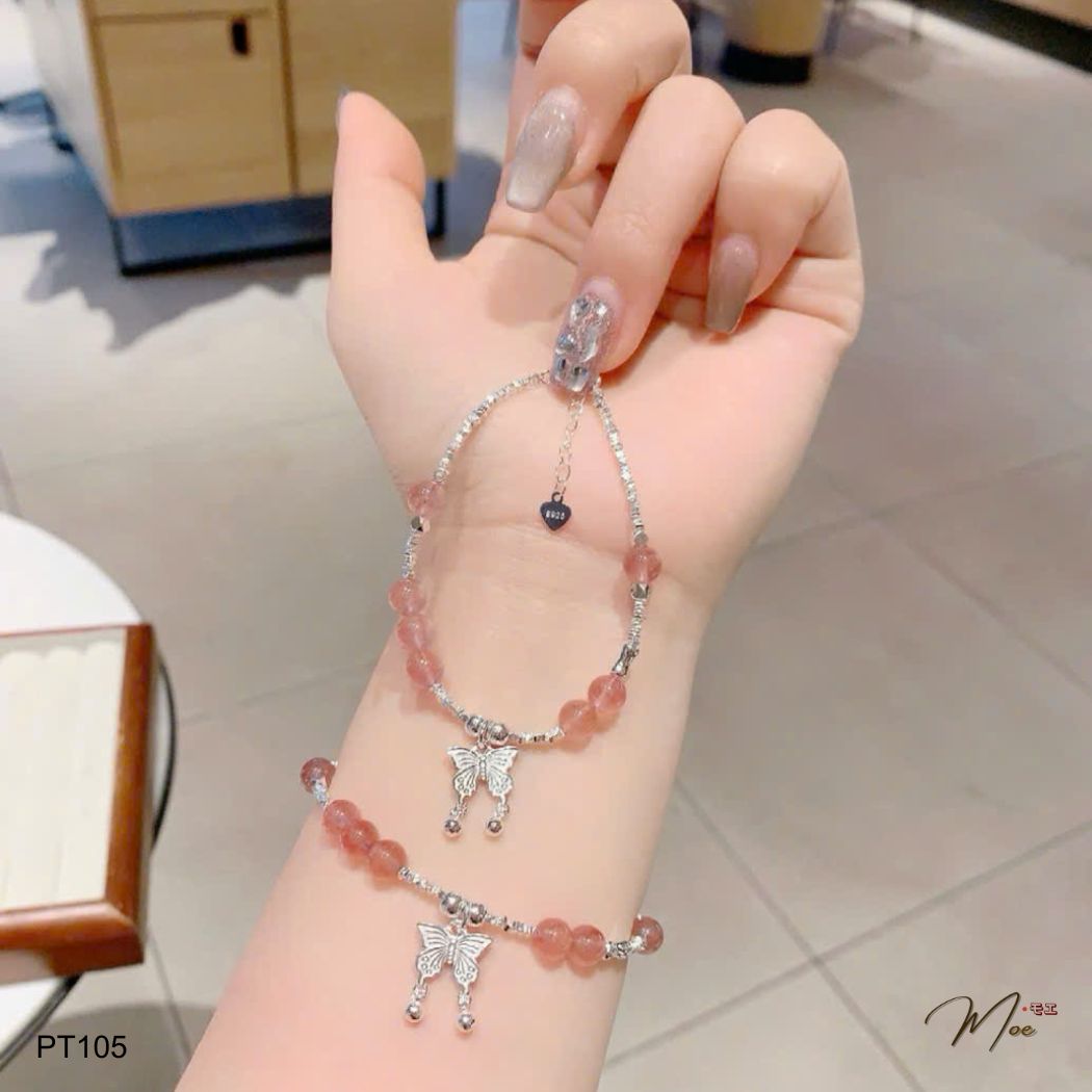 PT105 - Lắc tay thạch anh dâu hồng mix charm hồ điệp