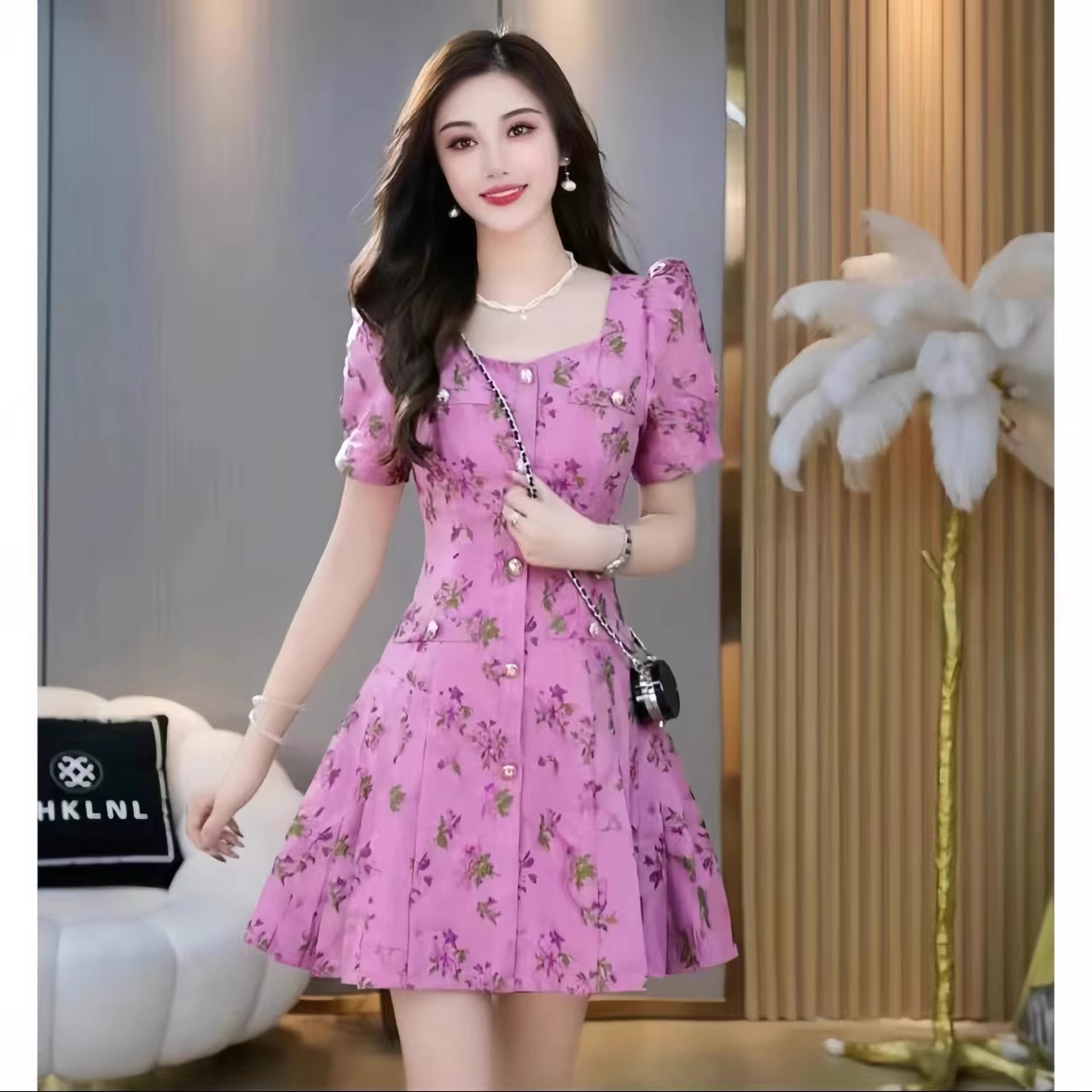15376-Đầm suông A màu hồng in hoa tà  xếp ly ( lụa mango)_thumbnail_1