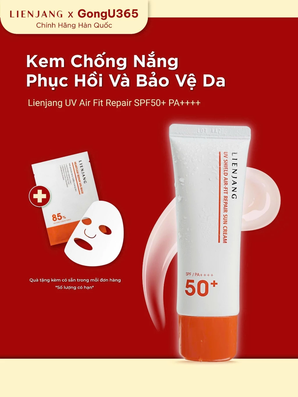 Lienjang UV Air Fit Repair SPF50+ / PA++++ Kem Chống Nắng Phục Hồi & Dưỡng Da Dịu Nhẹ – Niacinamide & Ceramide