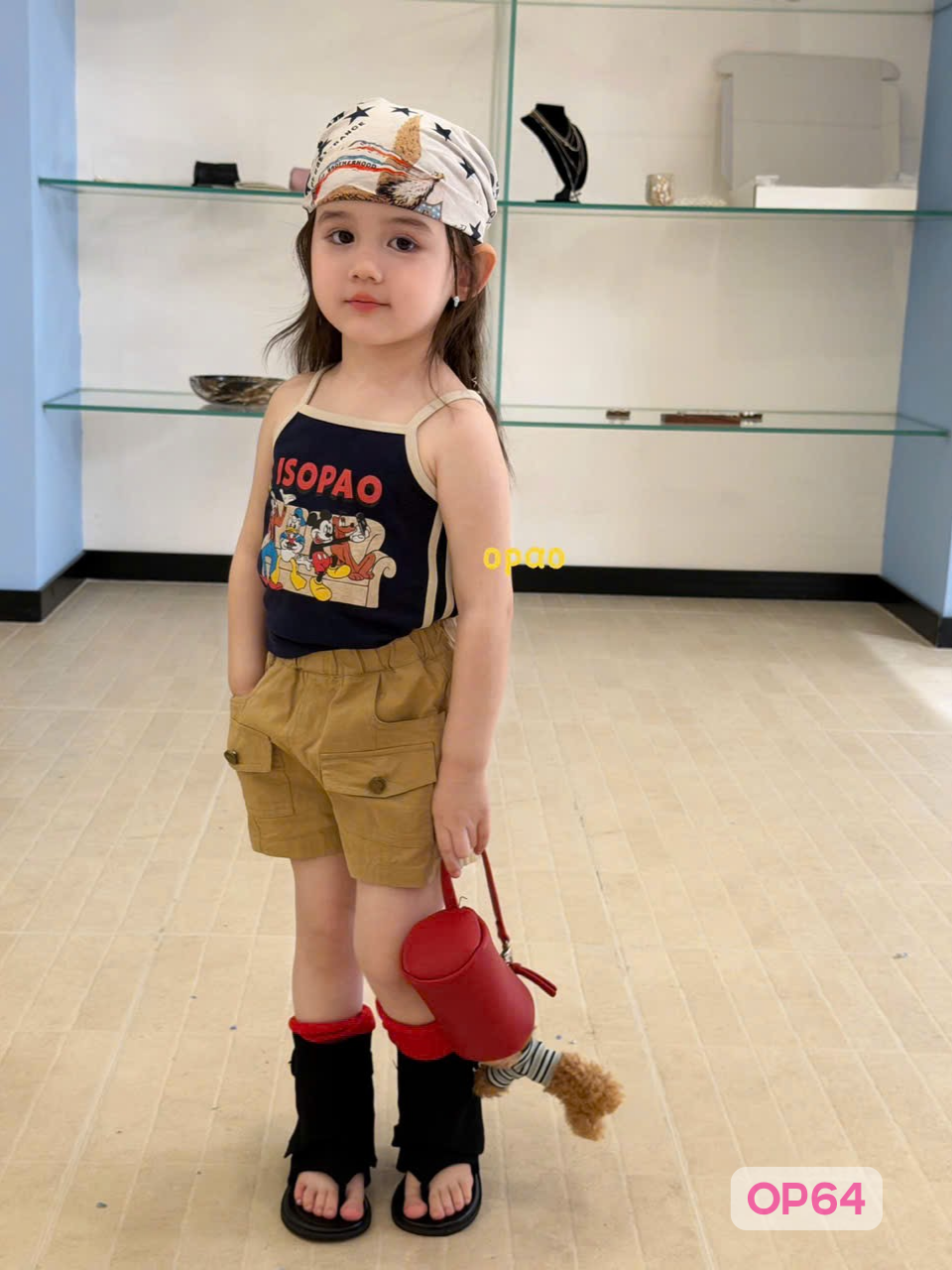 OP64 - Áo cotton 2 dây in hình phối viền hãng Opao