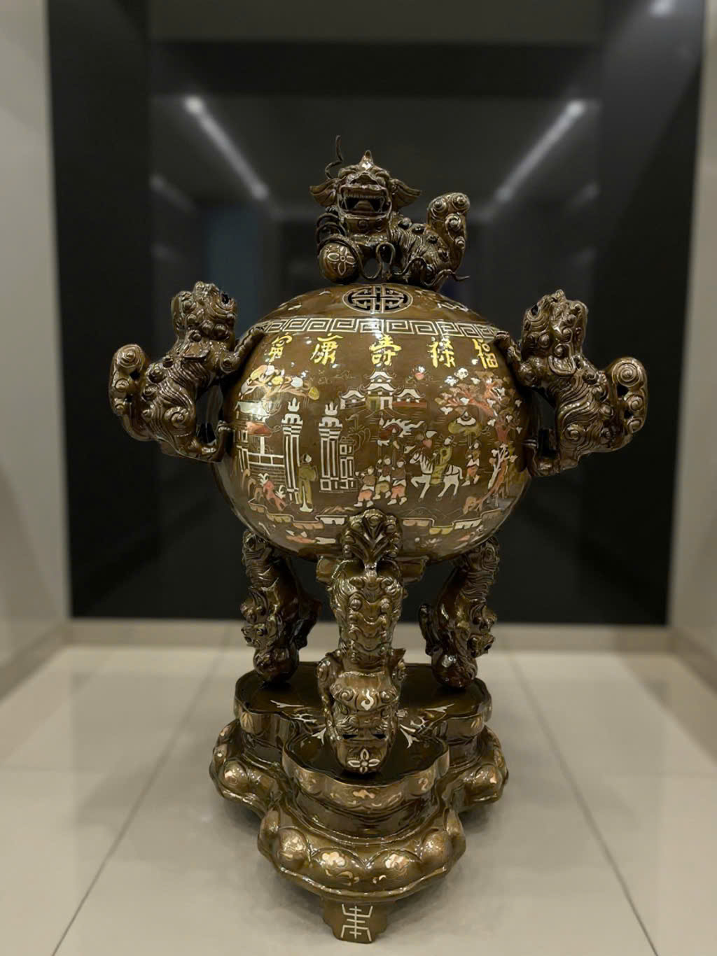 Đỉnh thất lân vờn cầu cao 90cm khảm tam khí dát vàng 5 chữ _thumbnail_0