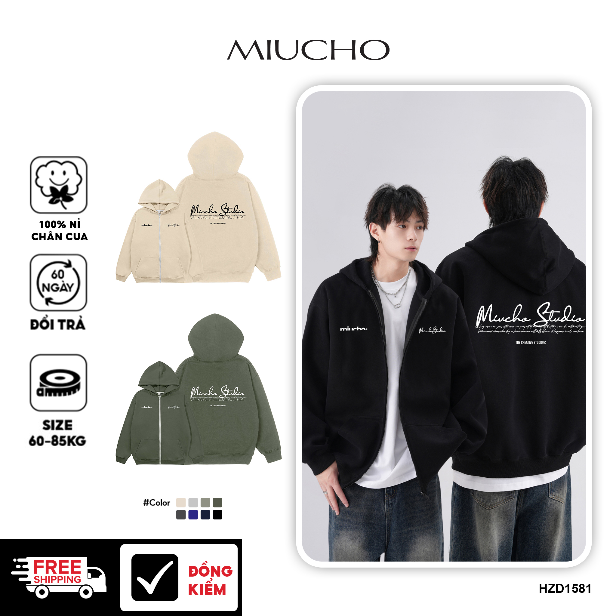 Áo hoodie zip nam local brand form rộng HZD1581 Miucho Club vải nỉ chân cua dày dặn mũ rộng in basic