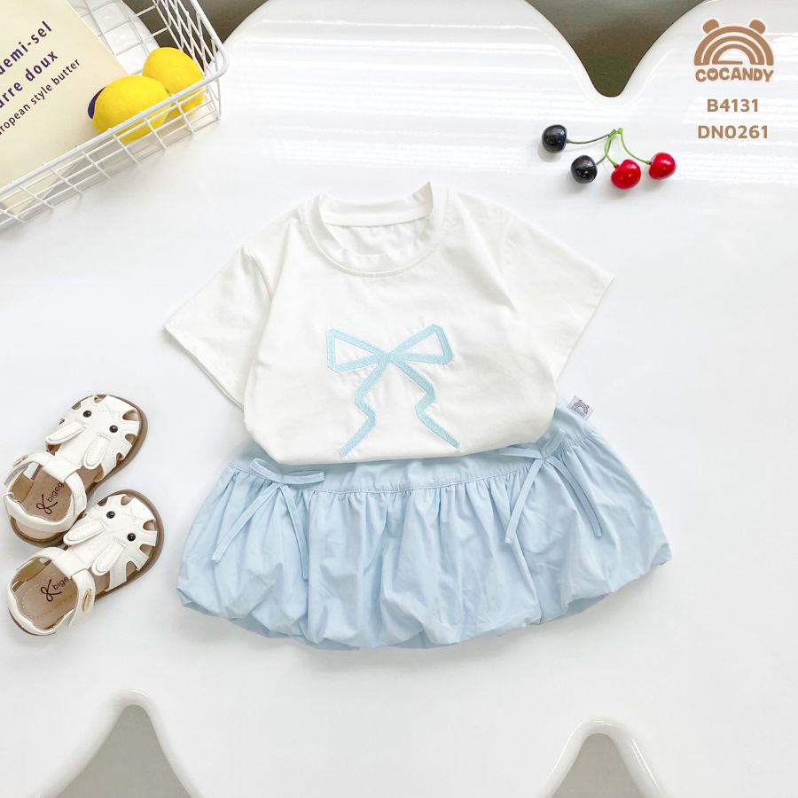 Bộ cộc XANH TRẮNG họa tiết nơ + chân váy bí