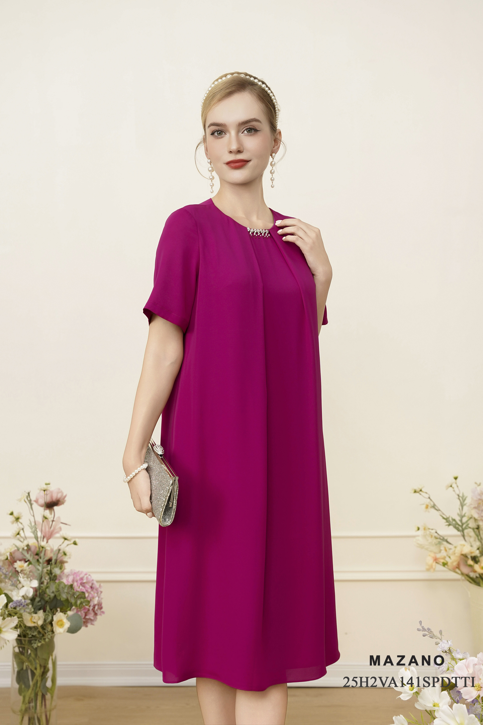 Váy Đầm suông A Vải voan  Đính trang trí Cổ tròn Tay ngắn Dài váy qua gối