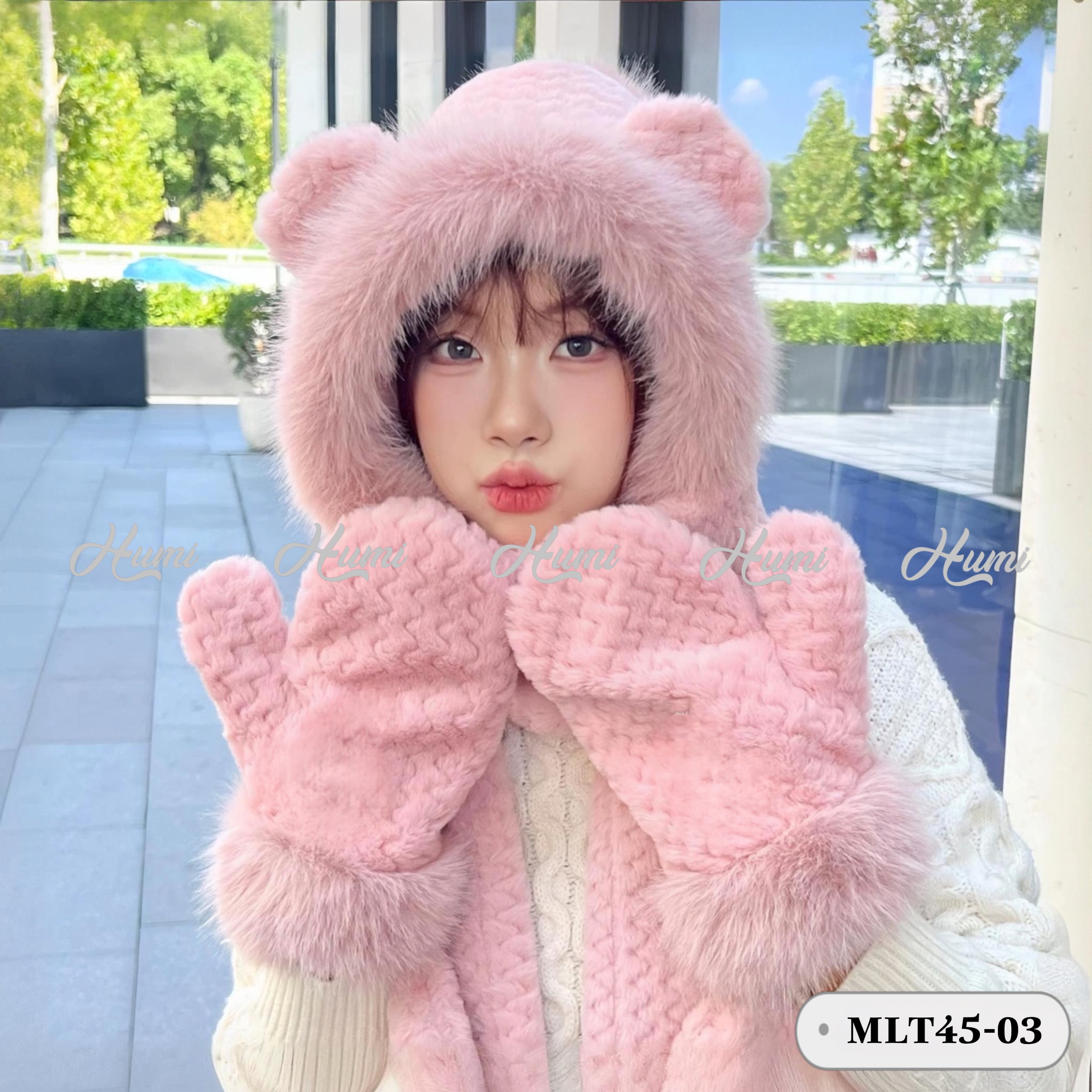 COMBO MŨ KHĂN LÔNG KÈM GĂNG TAY (MLT45-03 Hồng)