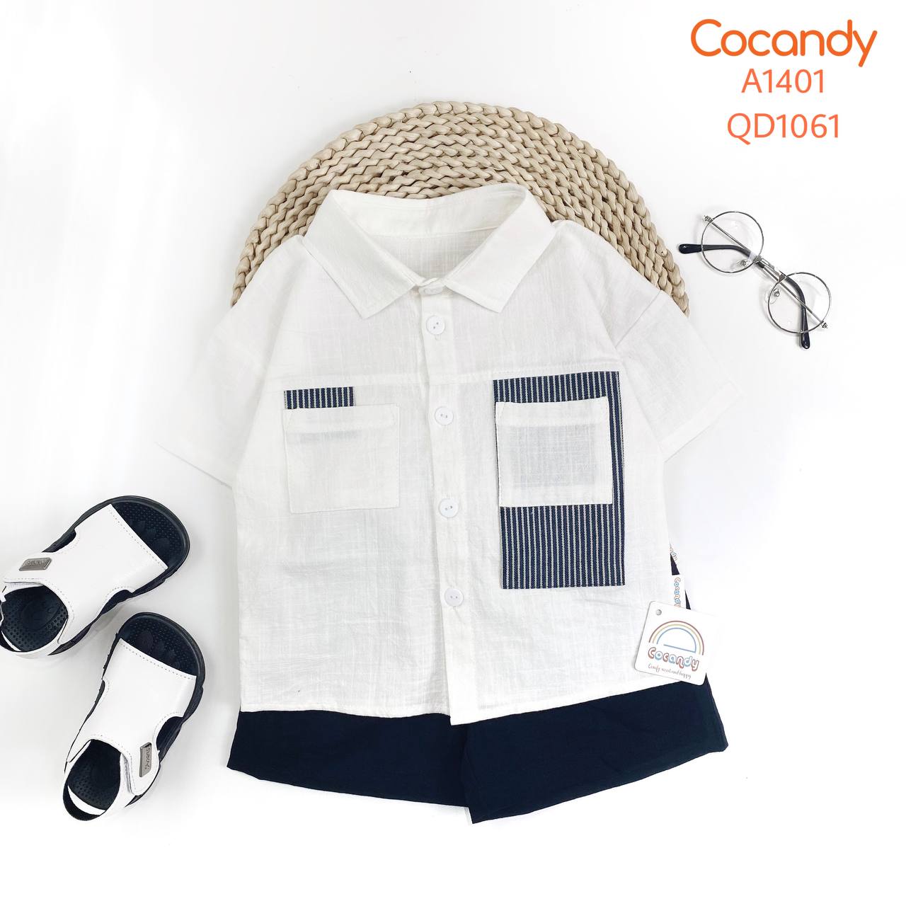 Áo cộc TRẮNG 2 túi phối kẻ sọc ĐEN