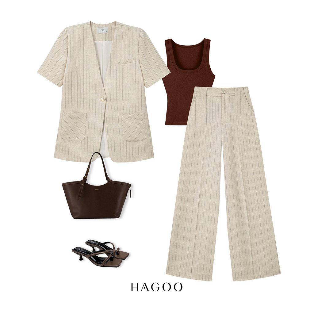 Phối cùng Blazer kẻ sọc cộc tay và Áo ba lỗ cổ U HAGOO