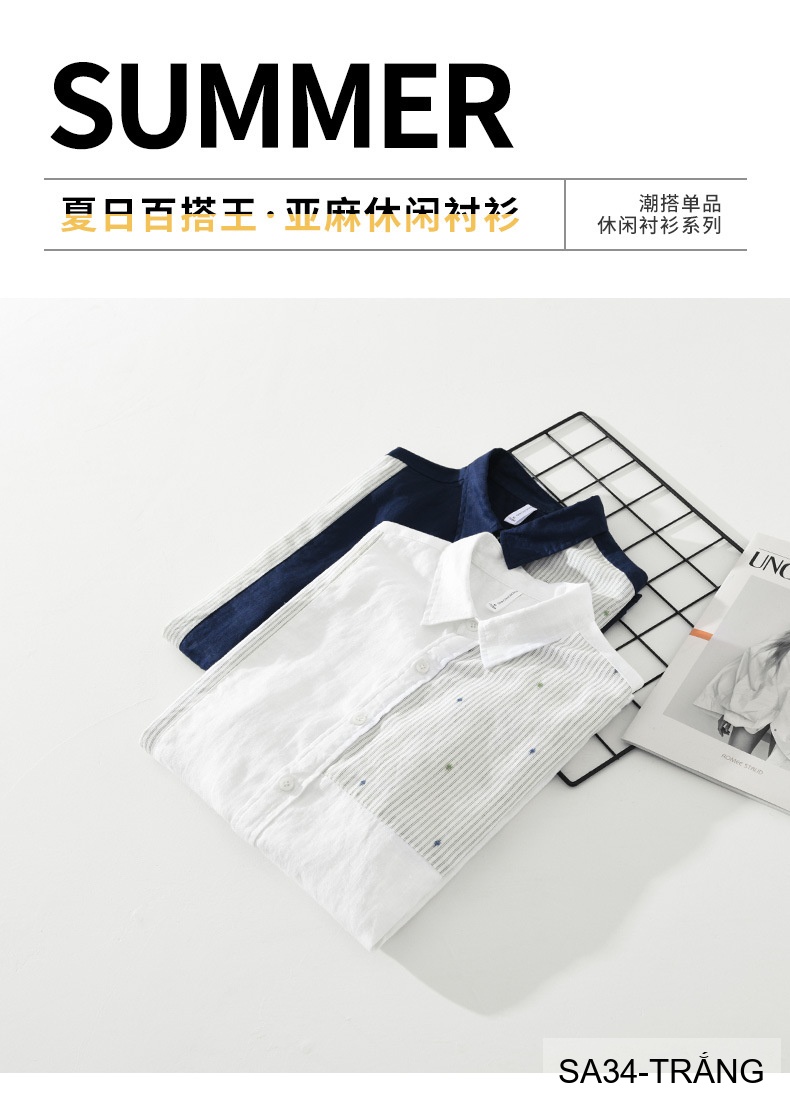 SA34 - Áo sơ mi nam tay ngắn vải lanh thoáng mát phong cách Nhật Bản kẻ sọc phối màu trắng xanh ngọc_thumbnail_5