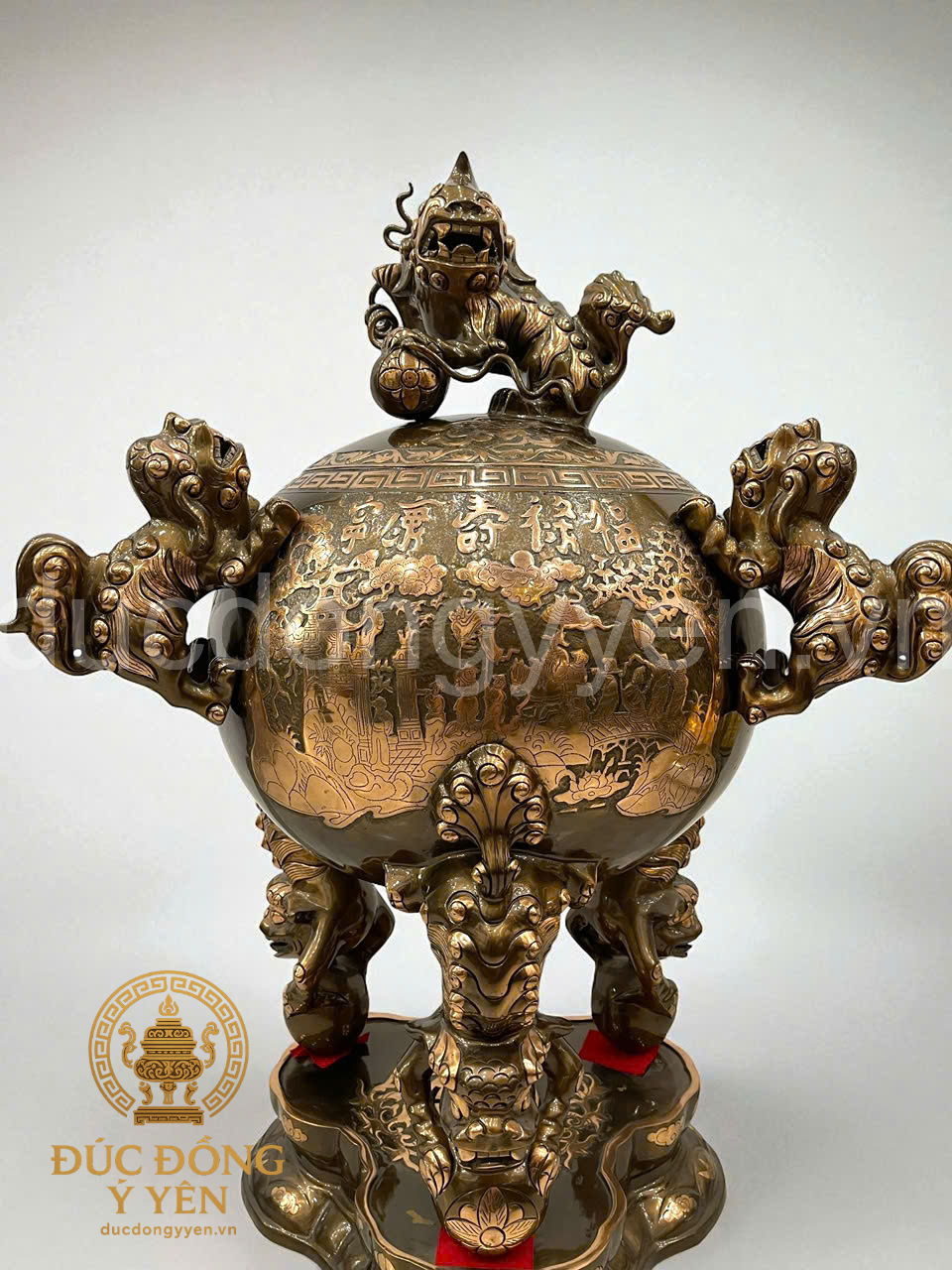 Đỉnh thất lân vờn cầu đúc đồng đỏ phớt cạo màu kỹ _thumbnail_1