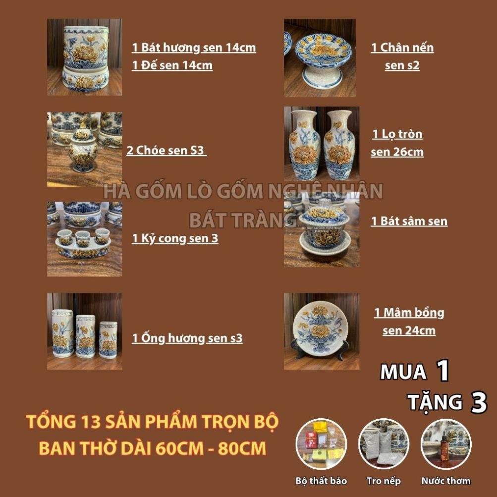 HG036 Đồ Thờ Cúng Bộ 13 món ban thờ 60CM-80CM men rạn nổi nghệ nhân Bát Tràng chế tác TẶNG Thất Bảo, Tro Nếp_thumbnail_1