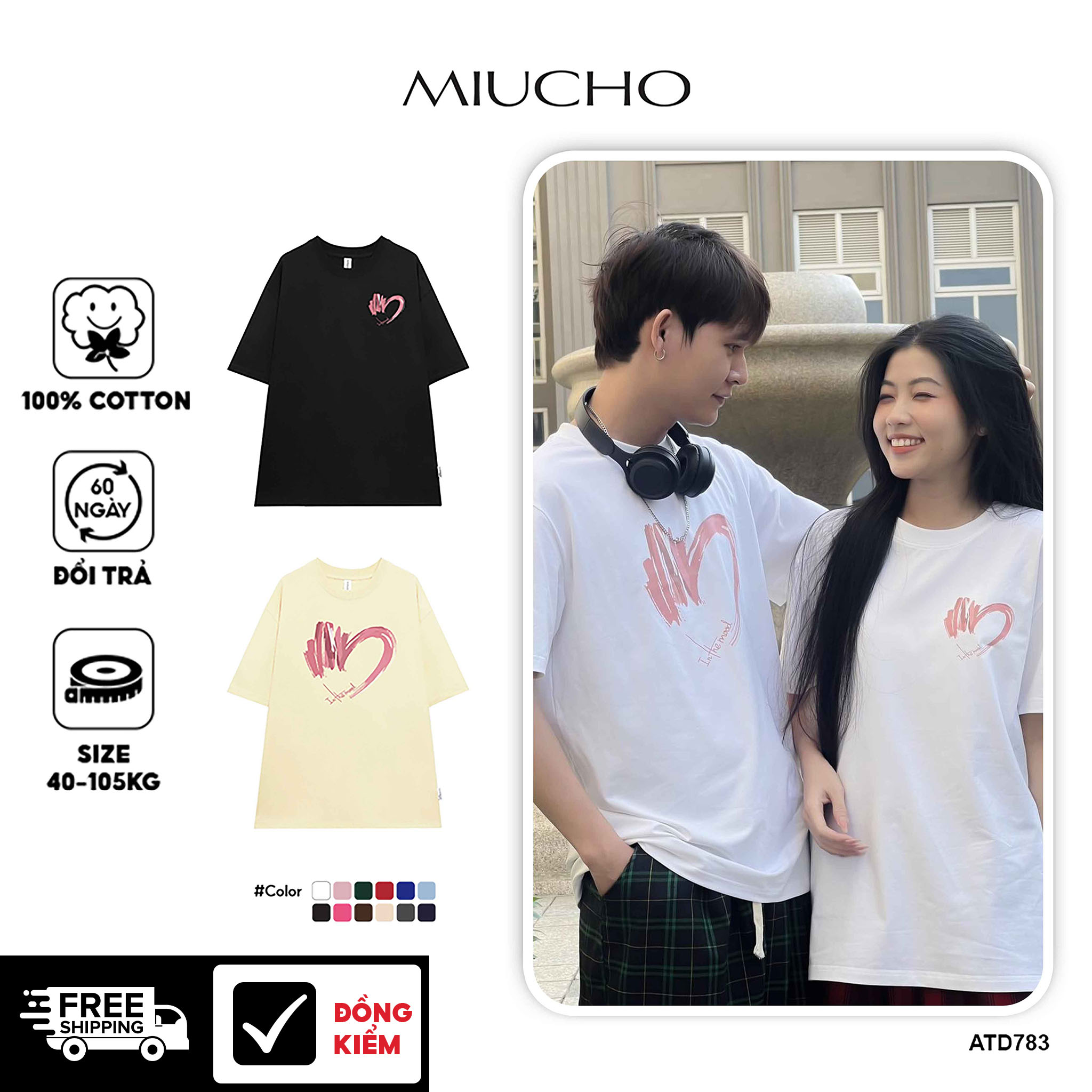 Áo thun couple trái tim local brand form rộng ATD783 Miucho cotton cổ tròn in graphic