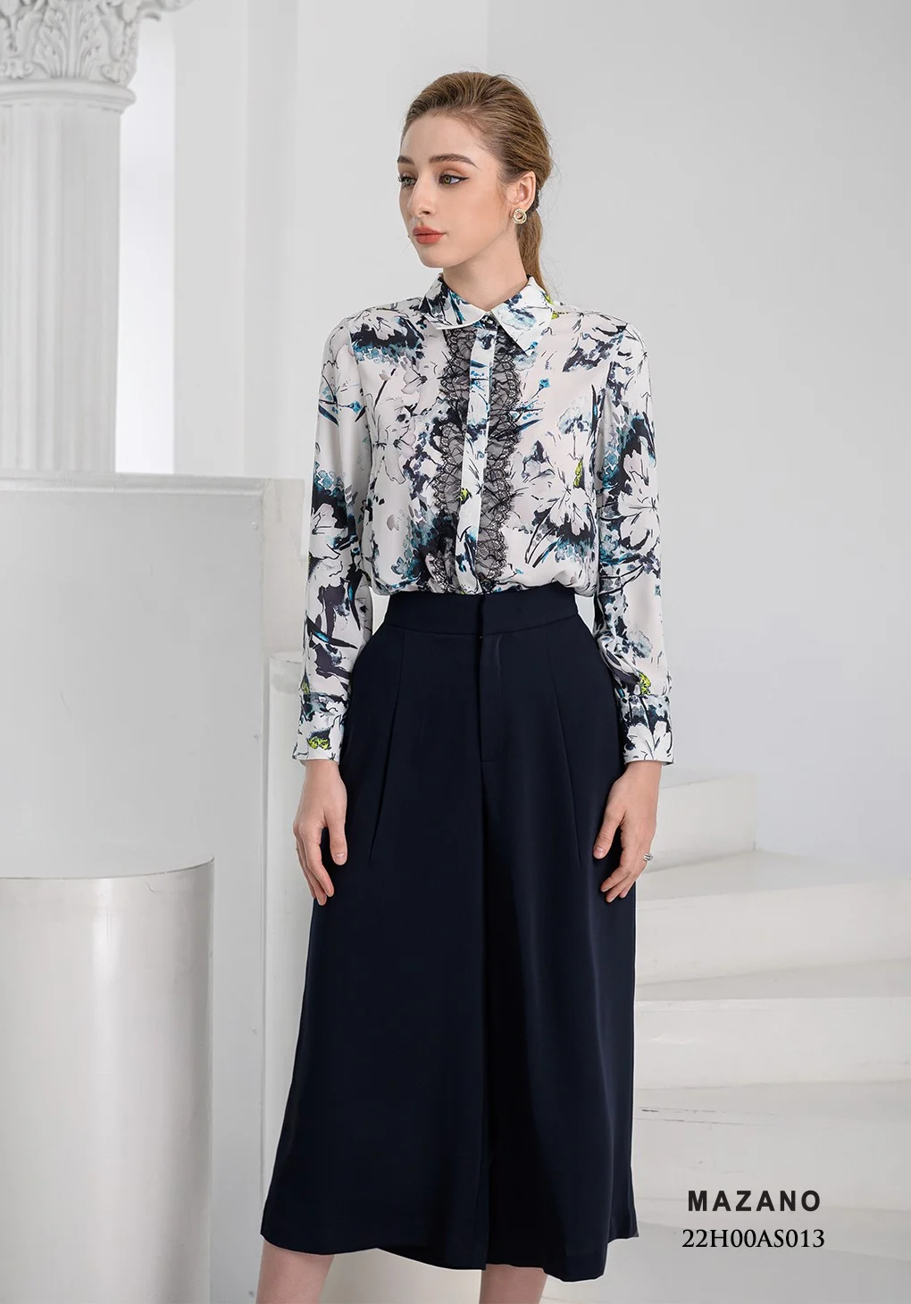 Áo sơ mi Suông Vải chiffon dày Họa tiết in hoa phối ren Cổ sơ mi Tay dài Dài dưới eo