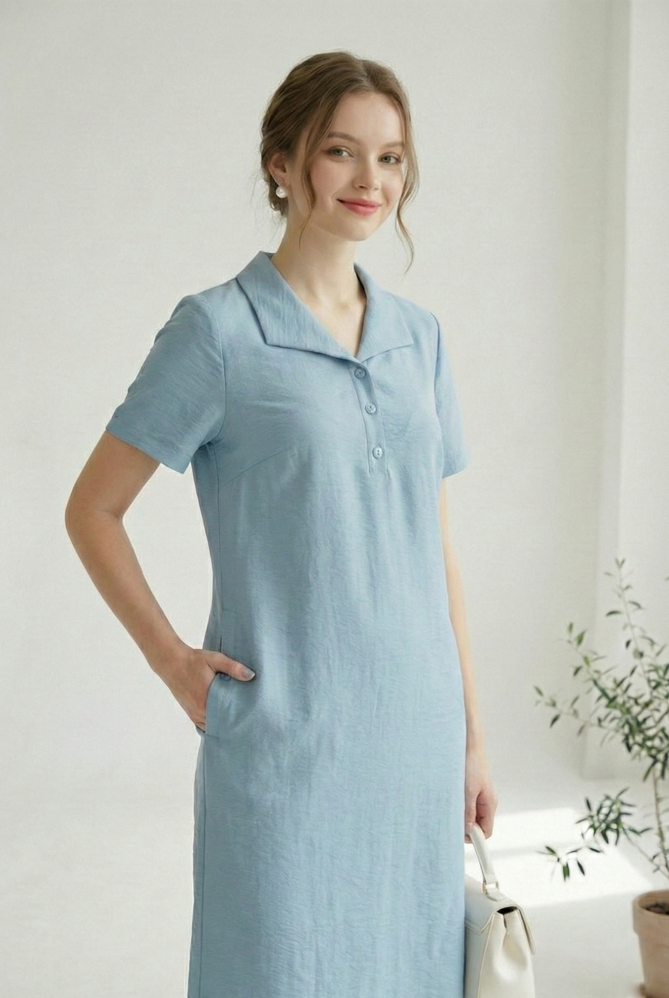 Đầm vải pha linen xanh ghi sáng dáng suông cổ bẻ cài khuy tay ngắn thiết kế MAZANO_thumbnail_3
