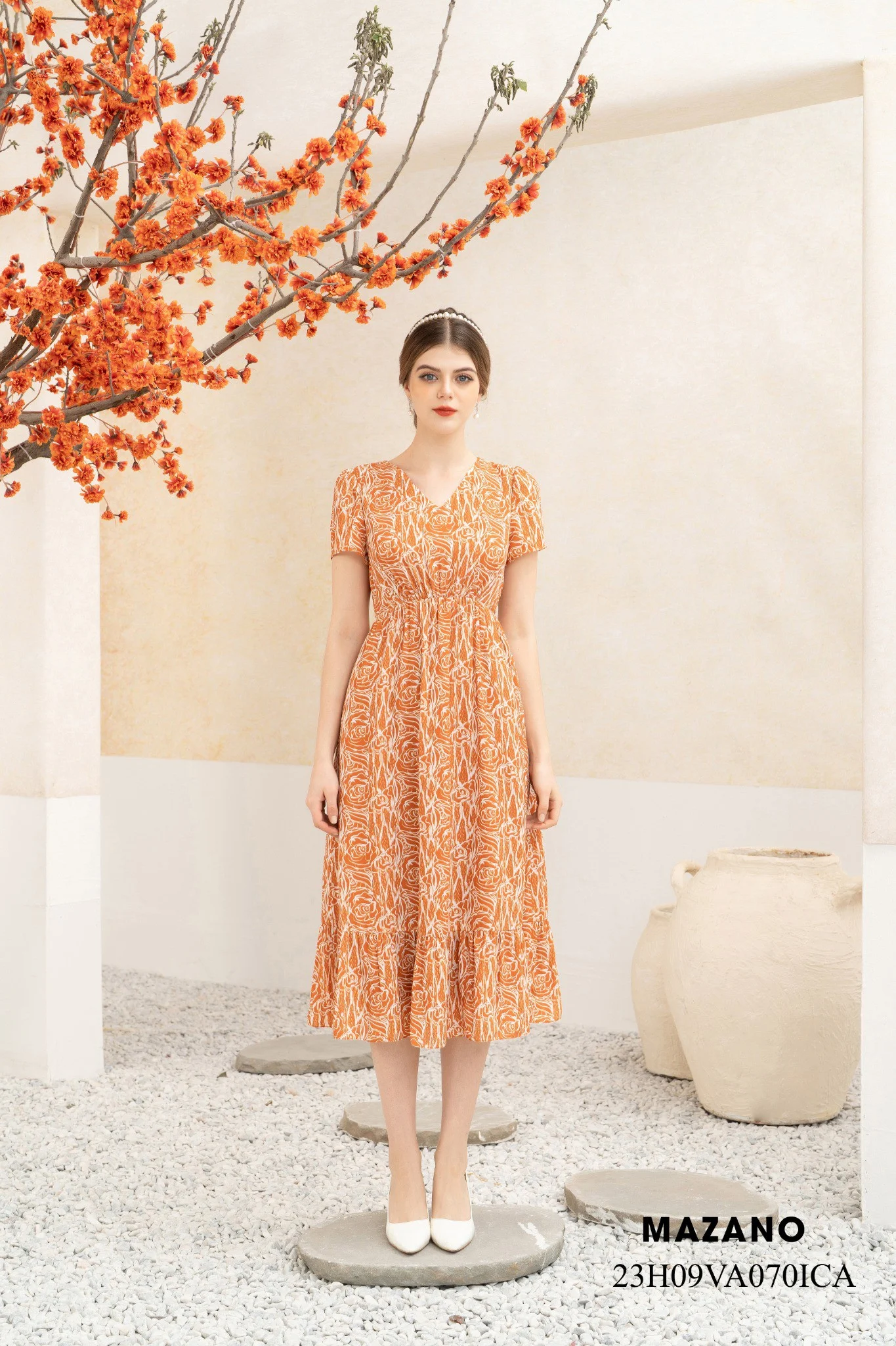Váy Đầm ôm Chân rủ Vải chiffon dày Họa tiết hoa cách điệu Cổ V Tay ngắn Dài ngang bắp chân_thumbnail_0