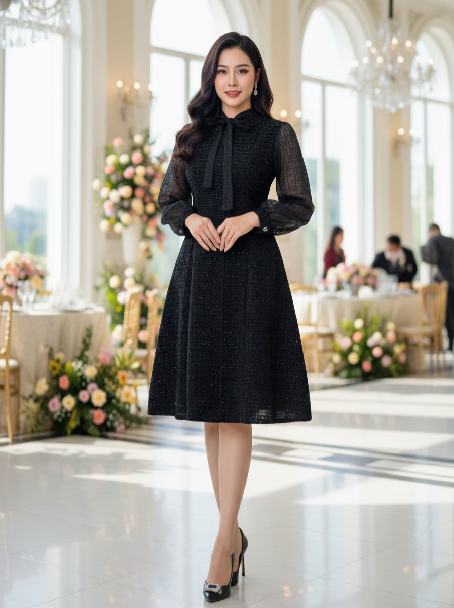 Đầm phối cổ sơ mi tay con nút đôi_thumbnail_3