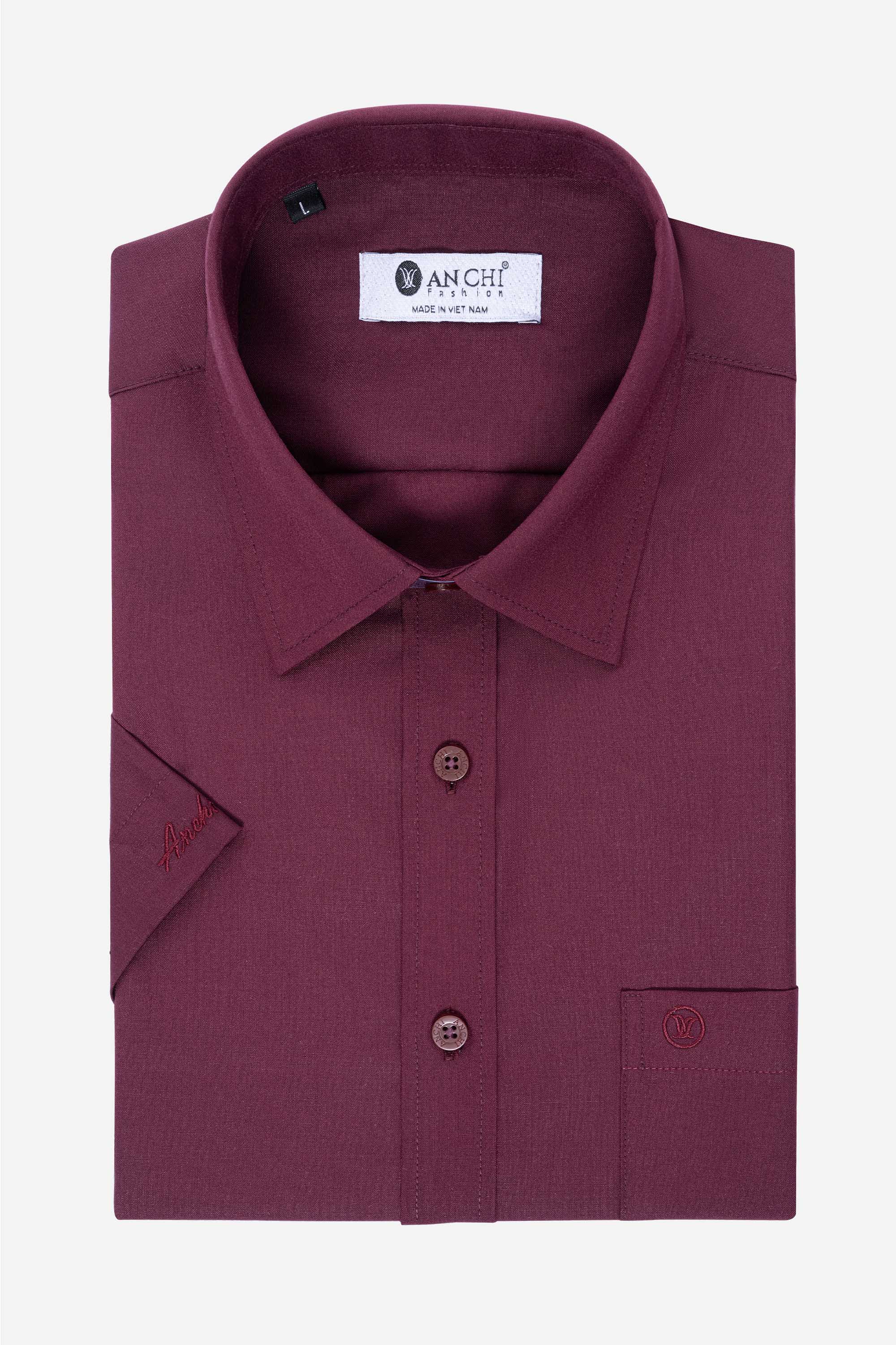 Sơ Mi Trơn Cộc Tay Nam Trung Niên Chất Liệu Cotton Nhập Khẩu Màu Đỏ Đô