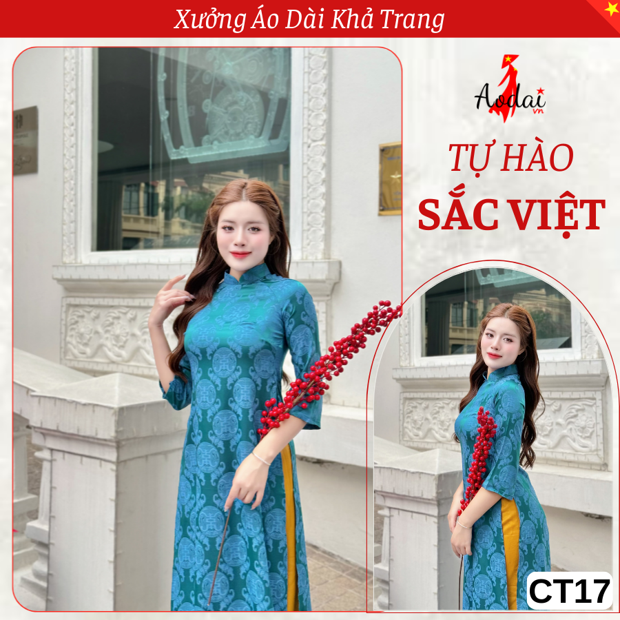CT17 Áo Dài Cách Tân Gấm Dáng Suông Thọ Rơi màu Xanh Cổ Vịt