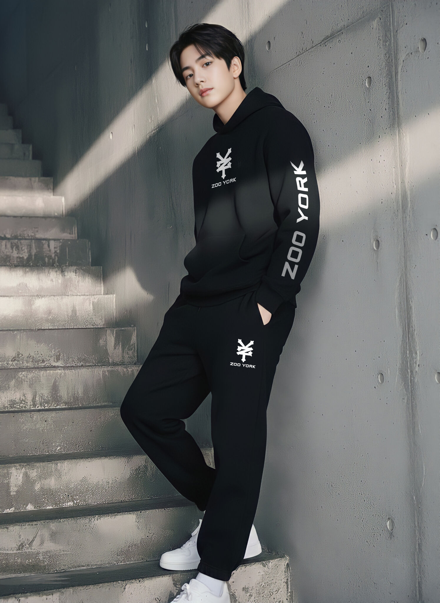 Áo nỉ hoodie đen in ngực và tay