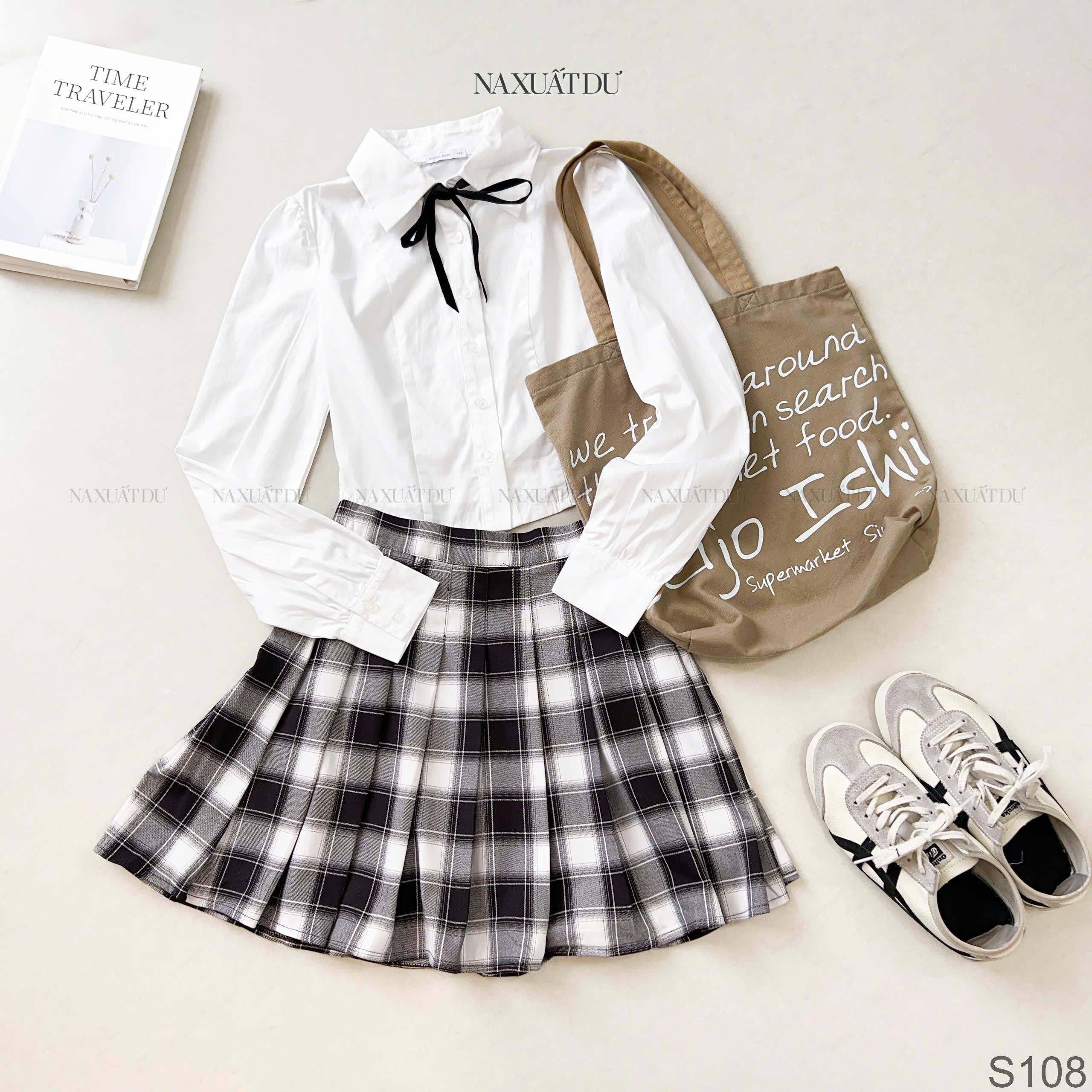 Set chân váy caro đen + áo - S108 (SALE)