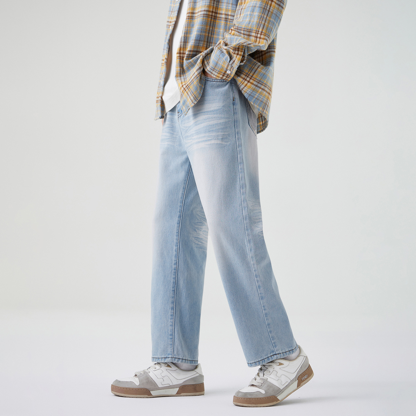 2025Quần jean nam thẳng màu nhạt mùa thu phong cách MỹcleanfitQuần crop đa năng có thiết kế sọc wash_thumbnail_3