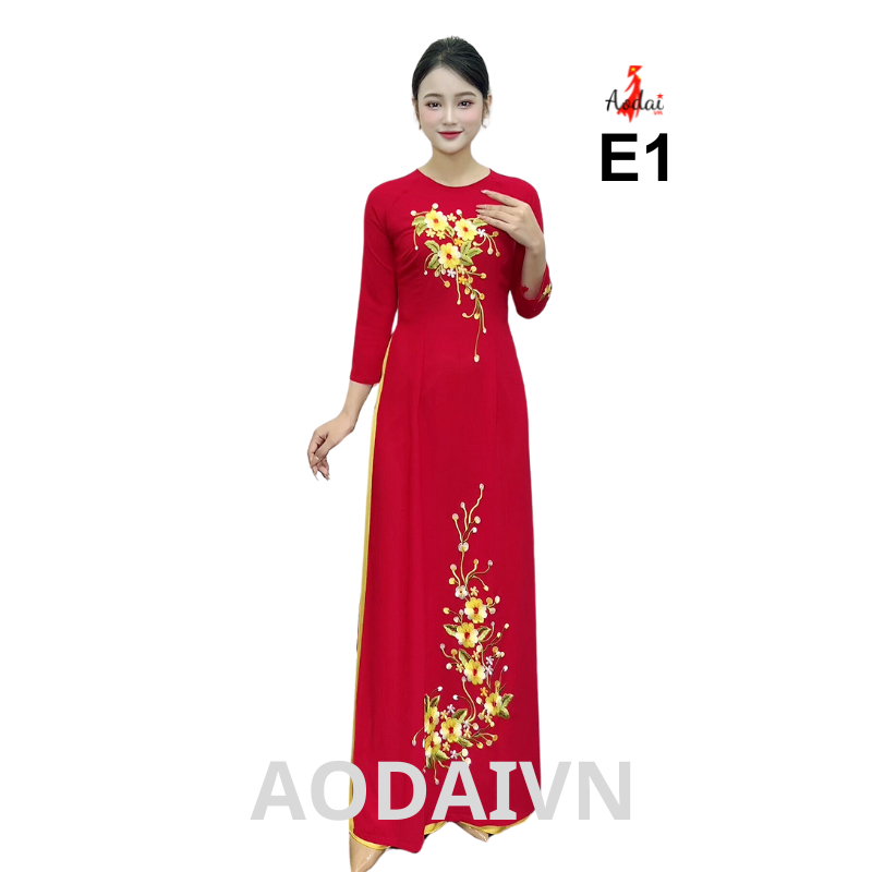 Áo dài thêu E1 lụa Tằm Ý màu đỏ thêu hoa vàng cổ trong tay lỡ xưởng AODAIVN