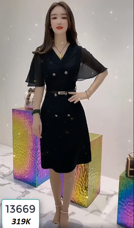 13669-Đầm suông tay tiên  cổ  vest đắp chéo cách điệu(kèm nịt ,thun hà lan phối voan, khóa hông)_thumbnail_5