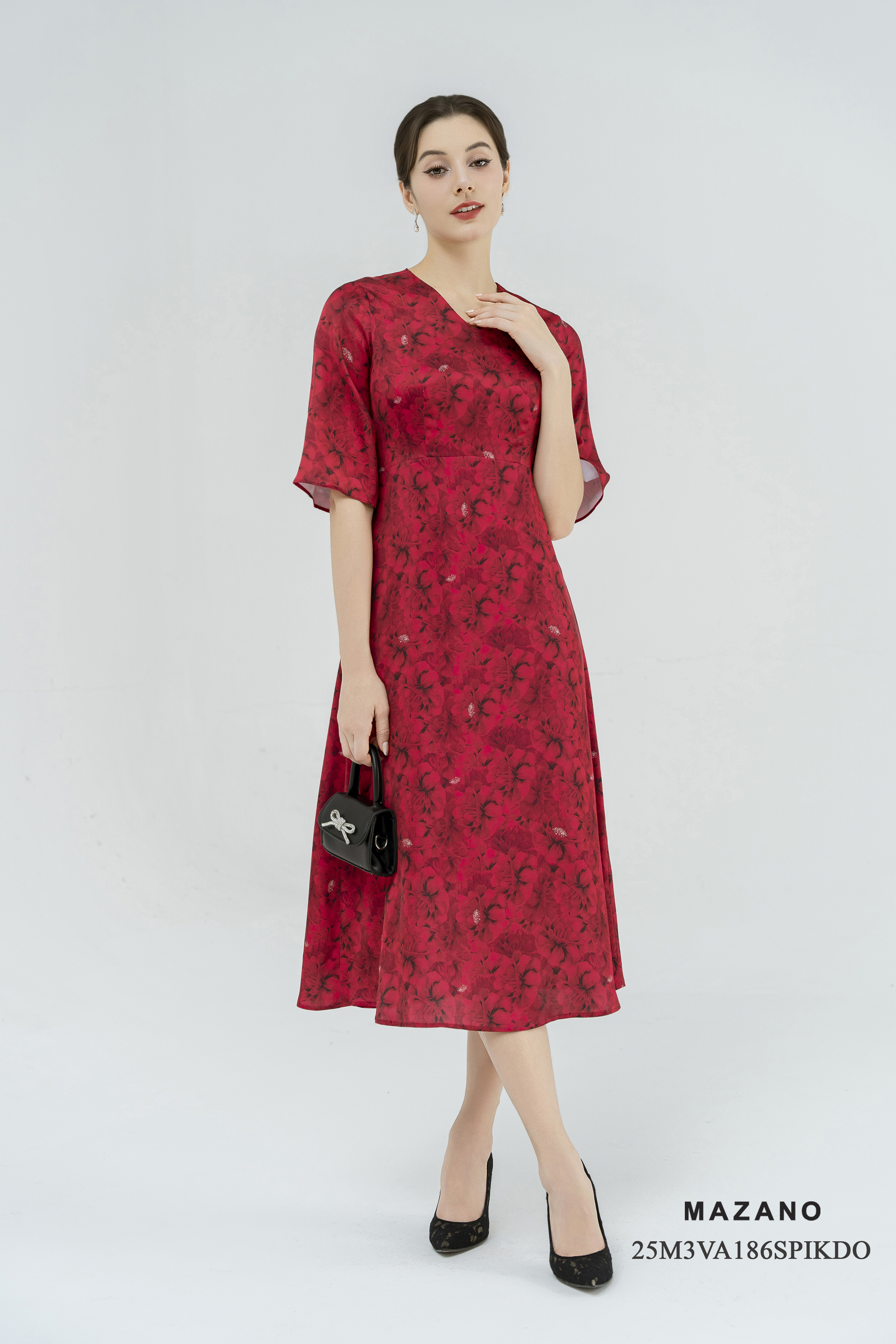 Váy đầm ôm Vải lụa ngọc trai Họa tiết hoa cách điệu Cổ V tay lỡ Dài đến mắt cá chân_thumbnail_2