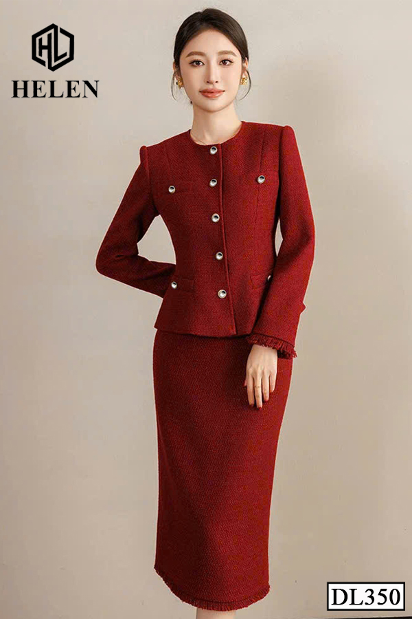 Đầm ôm peplum dạ đỏ giả set tay dài DL350