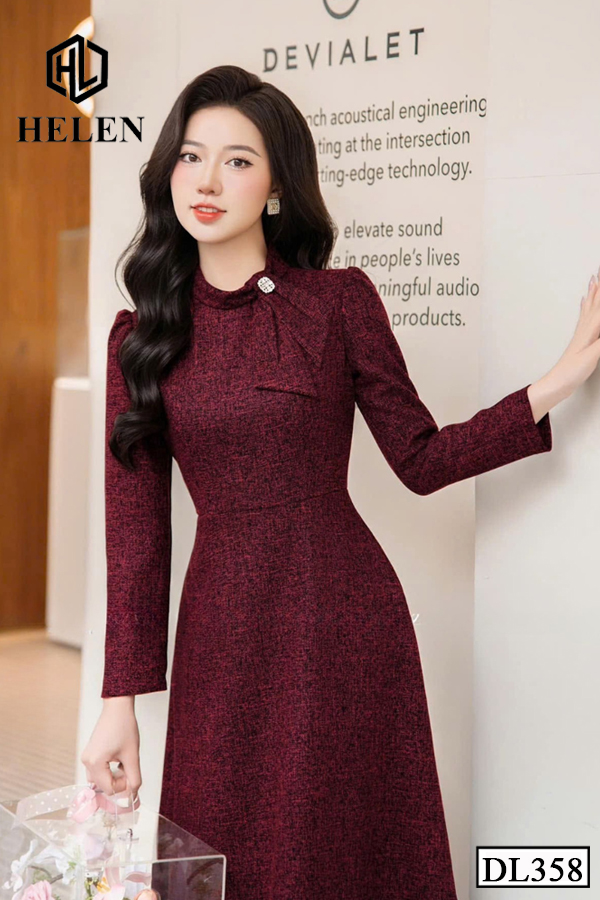 Đầm xoe dạ đỏ đô cổ nơ lệch tay dài DL358_thumbnail_2