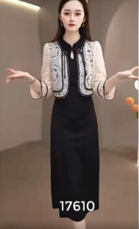 17610-Set đầm đen cổ tàu  kèm khoác ren trắng ( lụa , ren)_thumbnail_0