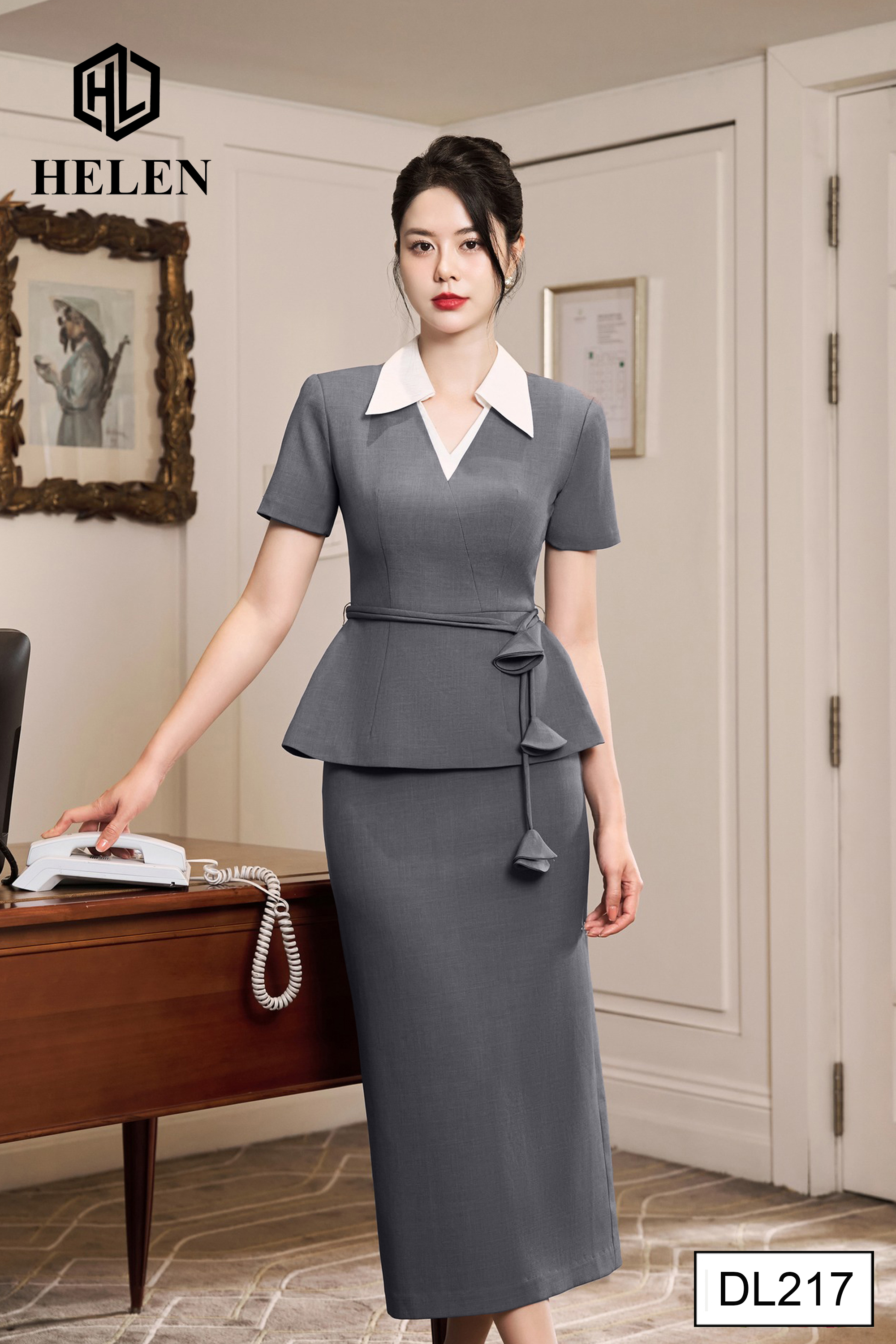 Đầm ôm peplum màu ghi phối cổ đức trắng DL217_thumbnail_2