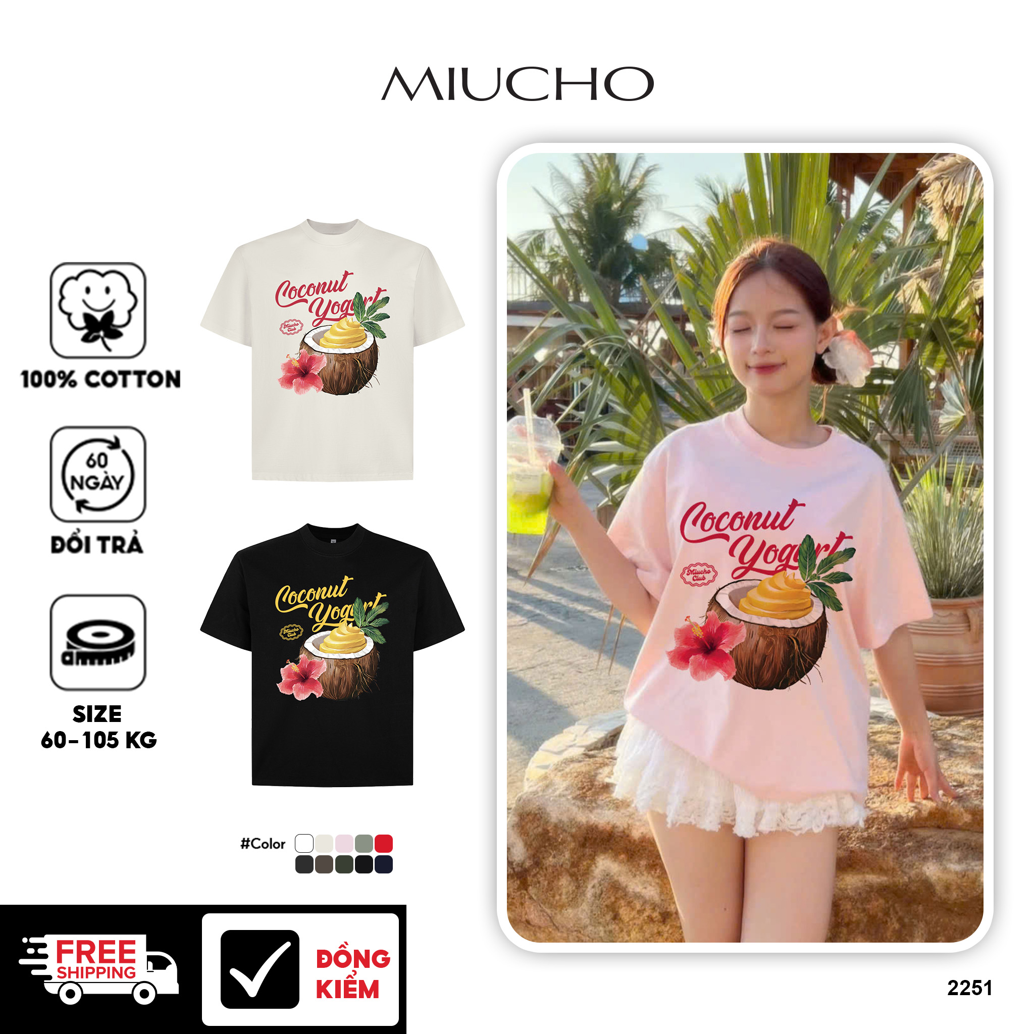 Áo thun boxy hè biển 2251 Miucho cổ tròn vải cotton 2c 250gsm đứng form in mix_thumbnail_1