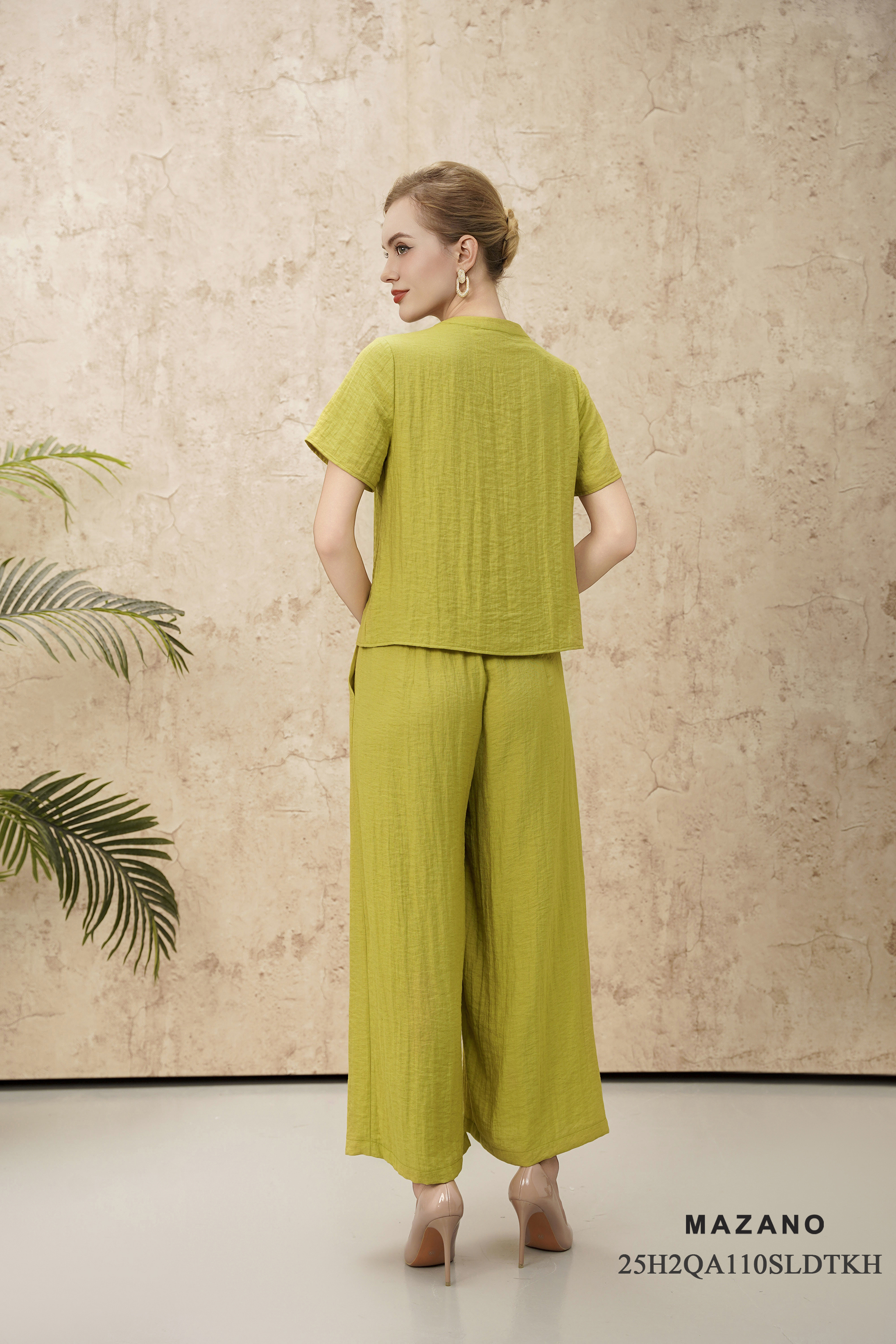 Bộ Quần và Áo suông Vải linen lụa Thêu đính thủ công Cổ tàu cách điệu Tay ngăn Dài quần tới mắt cá chân_thumbnail_5