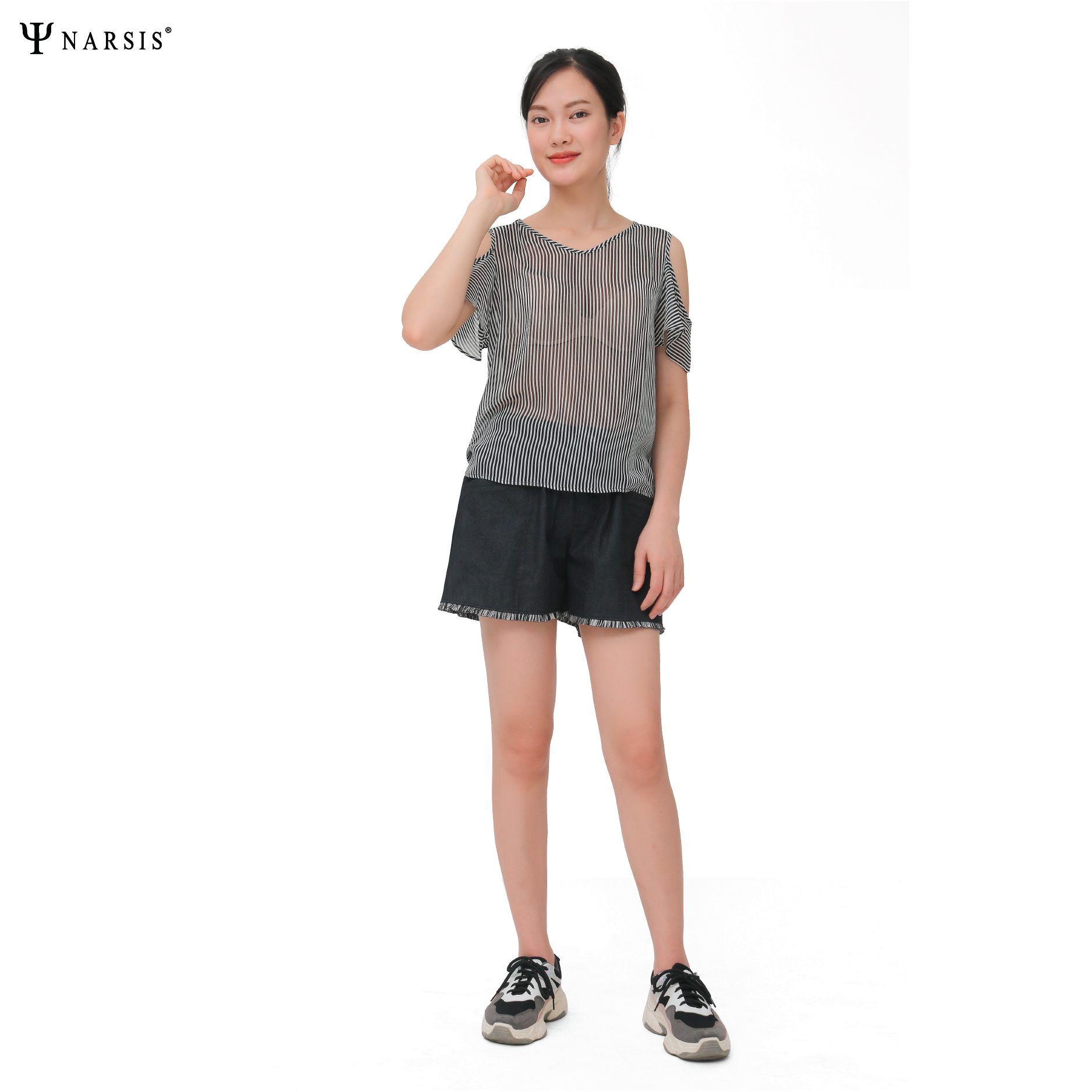 ÁO HÈ NỮ THIẾT KẾ -  VOAN KẺ NHÍ ĐEN TRẮNG L9020 NARSIS CHẤT LIỆU THOÁNG MÁT, DỄ CHỊU, THOẢI MÁI ..._thumbnail_2