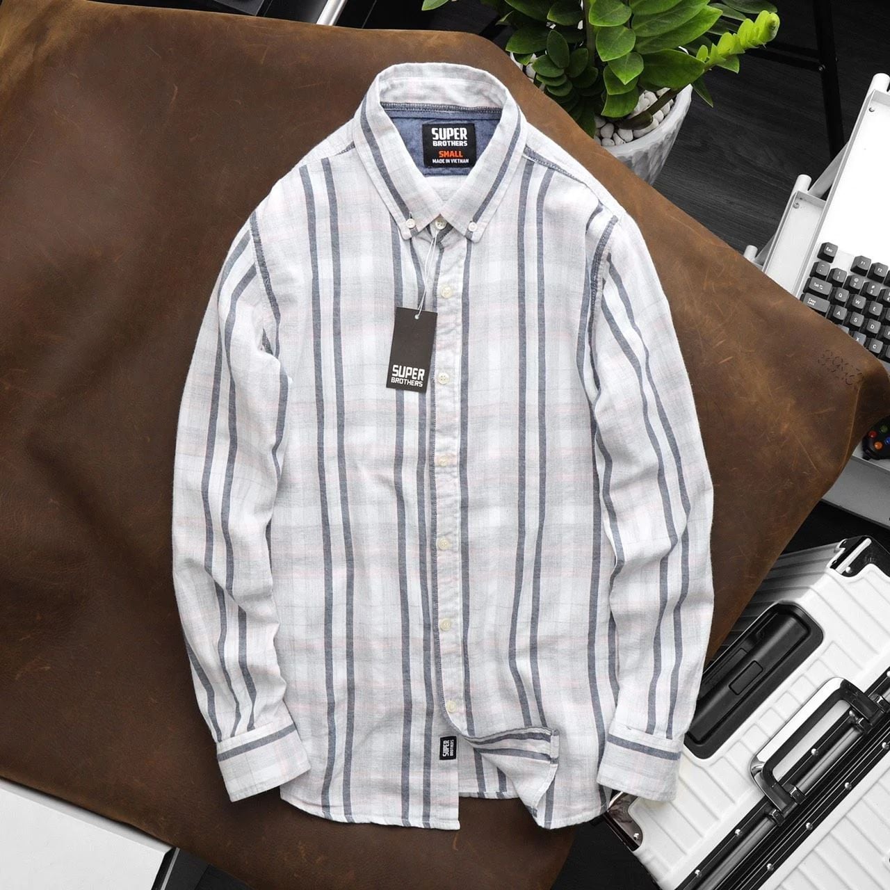 Áo Sơ Mi Super Brother FLANNEL Chất Liệu Cotton Dạ Màu Trắng Sọc
