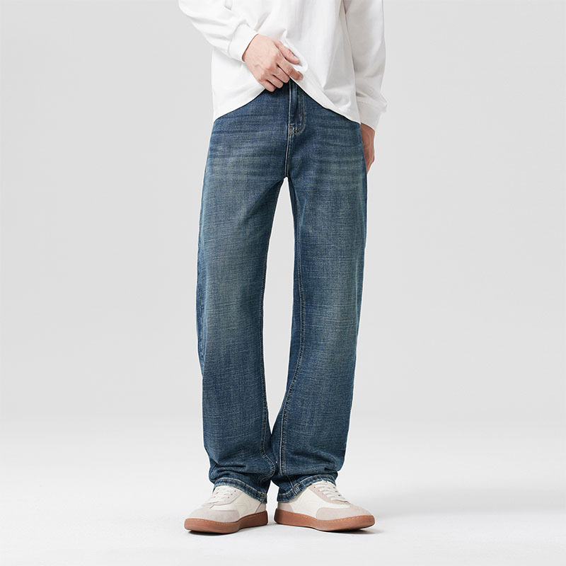 Quần jean thẳng ống rộng co giãn cho nam2025Phong cách mùa thu mới của Mỹ cổ điển râu mèo và quần tắm ngựa