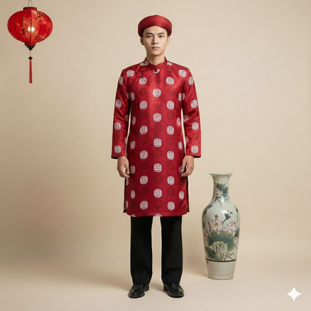 Áo Dài Nam Cách Tân Gấm Họa Tiết Hỷ Big Size Form Rộng – NA25-03