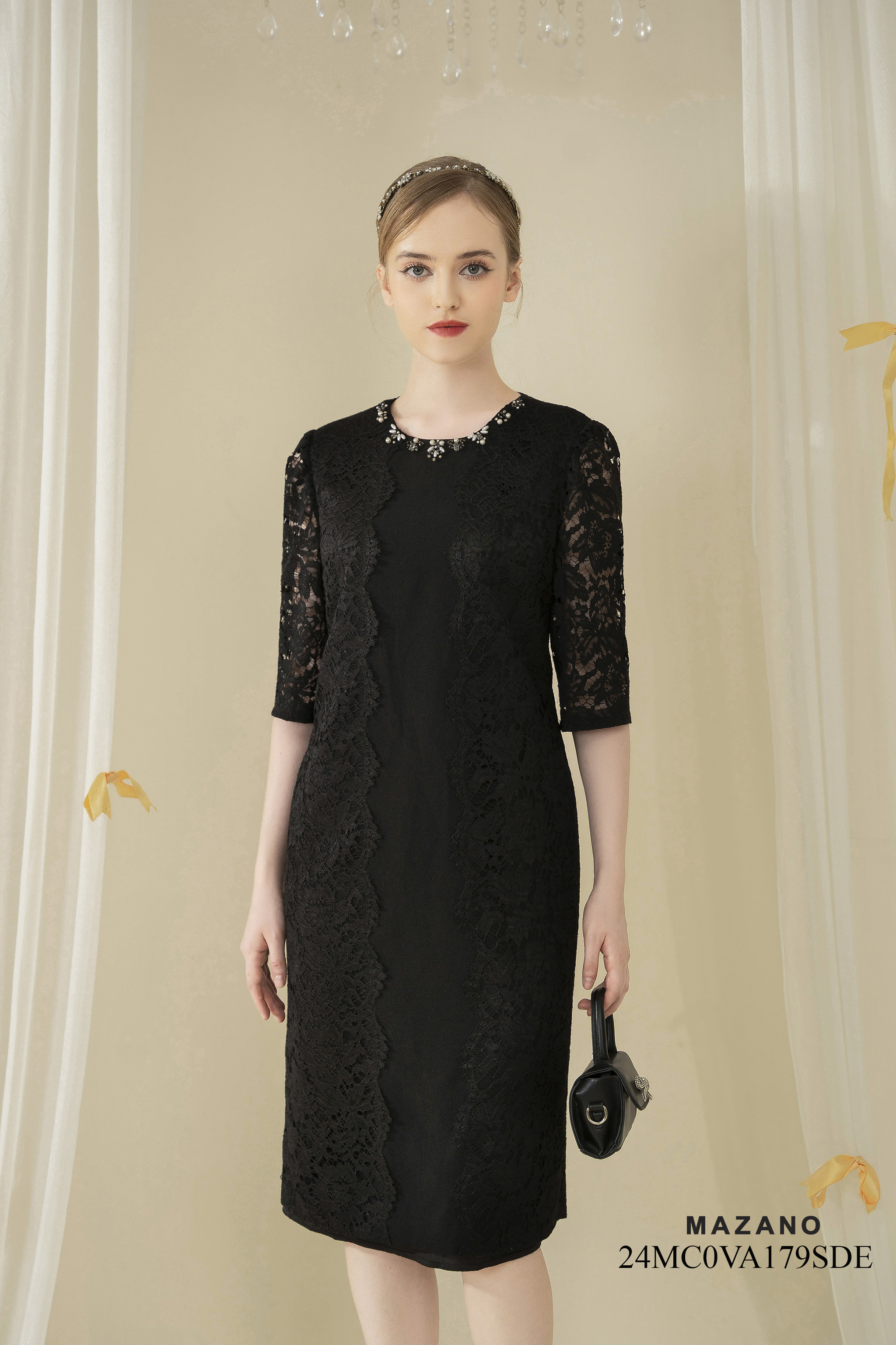 Váy Đầm suông Vải Thô phối Ren trang trí Cổ tròn đính đá Dài tới bắp chân_thumbnail_4