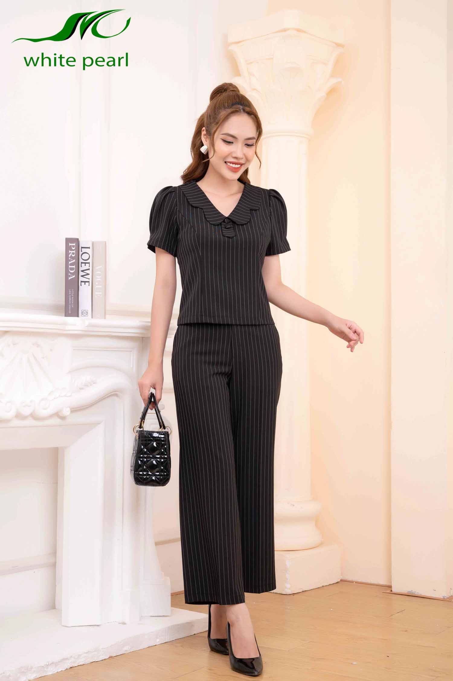 Bộ áo cổ nơ cà AK2344 Quần ống suông Q2204 thời trang công sở cao cấp White Pearl_thumbnail_0