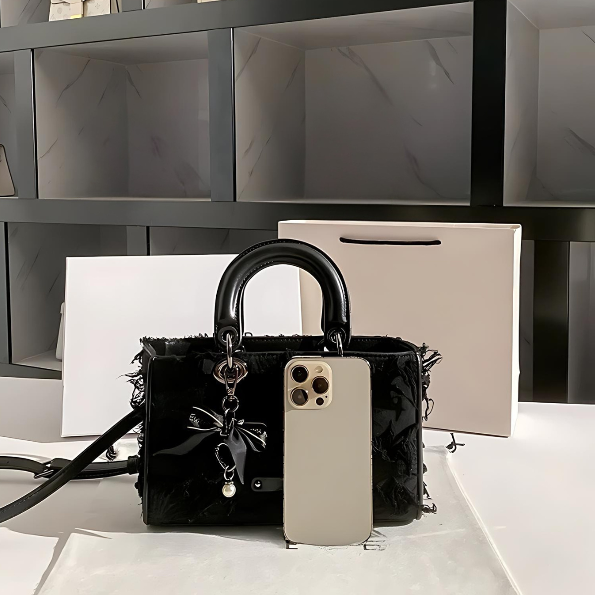 Túi xách đen UHE RISE – tay cầm sang, đeo chéo tiện, nền hoa nổi, charm nơ ngọc trai_thumbnail_11