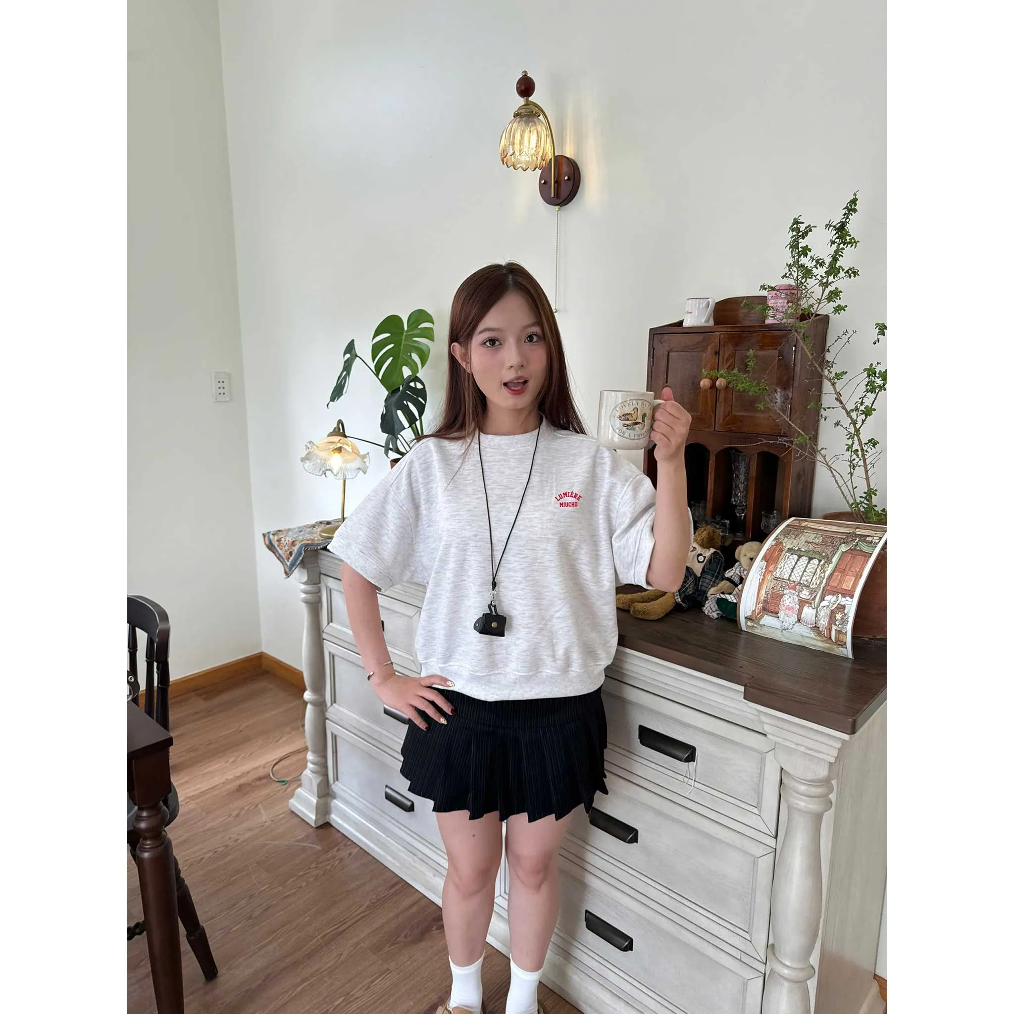 Áo sweater boxy thiết kế basic tay ngắn chuẩn form 2615 Miucho vải nỉ 2 da thoáng mát thấm hút mồ hôi tốt_thumbnail_4