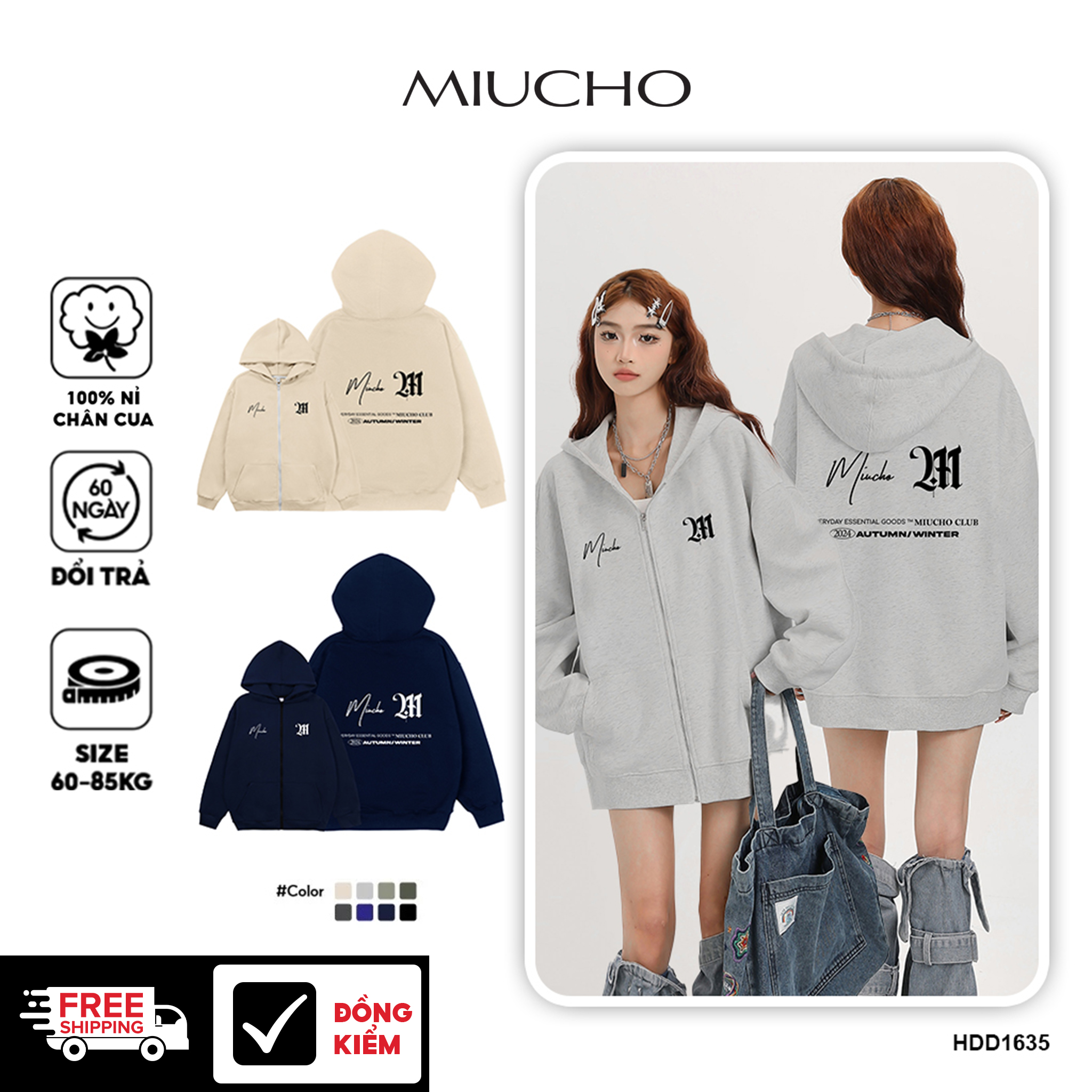 Áo hoodie zip local brand form rộng vải nỉ chân cua HZD1635 Miucho in typography