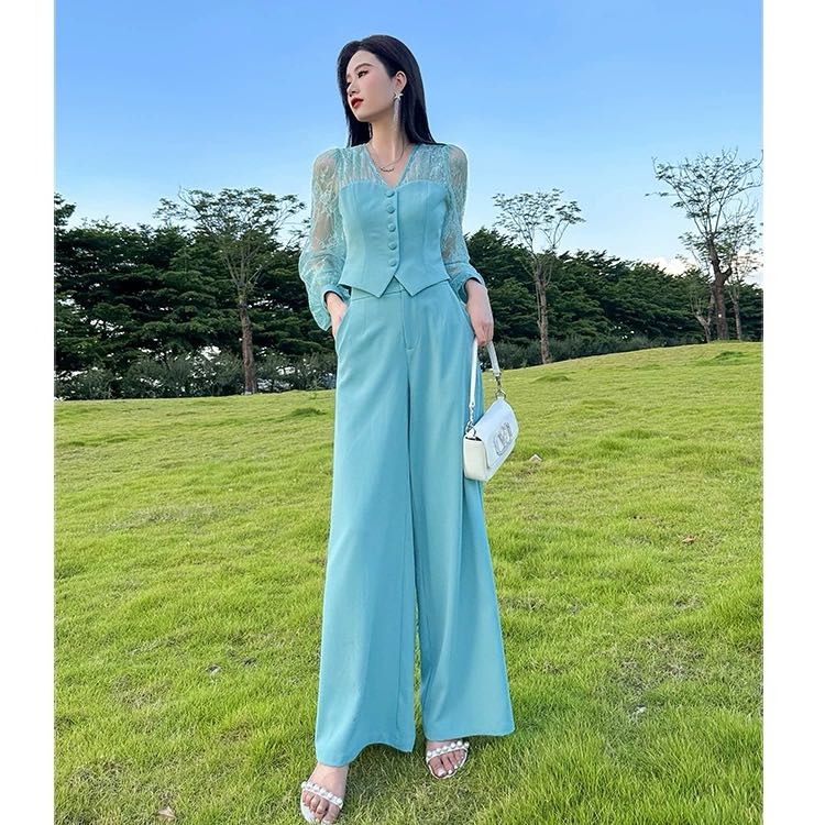 Set bộ áo kiểu cổ điển tay phối ren quần ống rộng_thumbnail_1