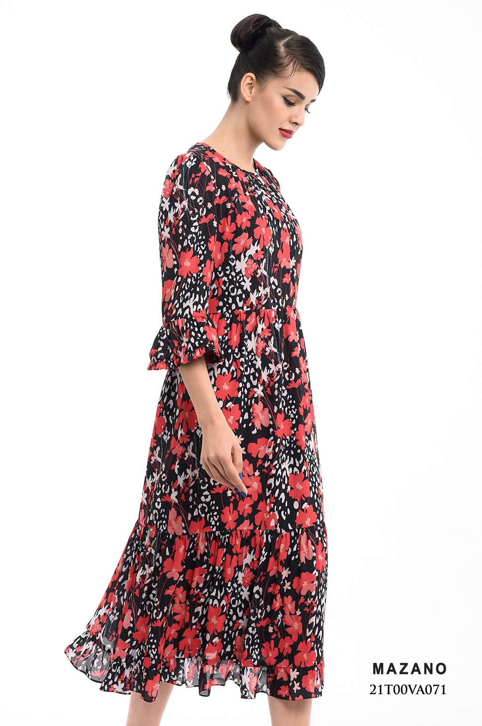 Đầm Chiffon Đỏ Họa Tiết Hoa Cách Điệu Phối Tay Bèo