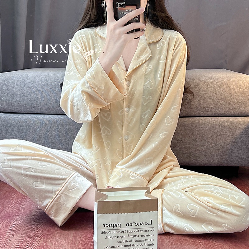 NHUNG09 Pijama vải nhung họa tiết trái tim