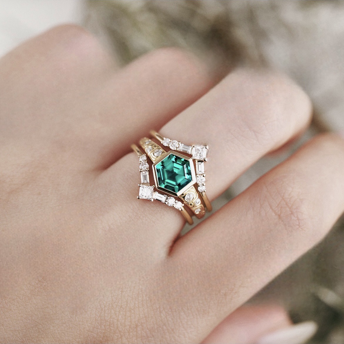 Nhẫn Xi Vàng Đính Ngọc Lục Bảo Emerald Lục Giác (Có Size)_thumbnail_1